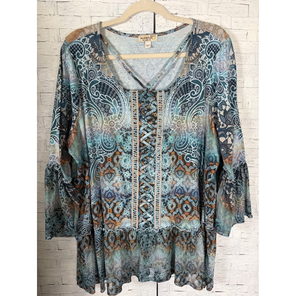 One World Womens Tunic Top Blue Paisley Mesh Bell Sleeve Boho Hippie Plus Size